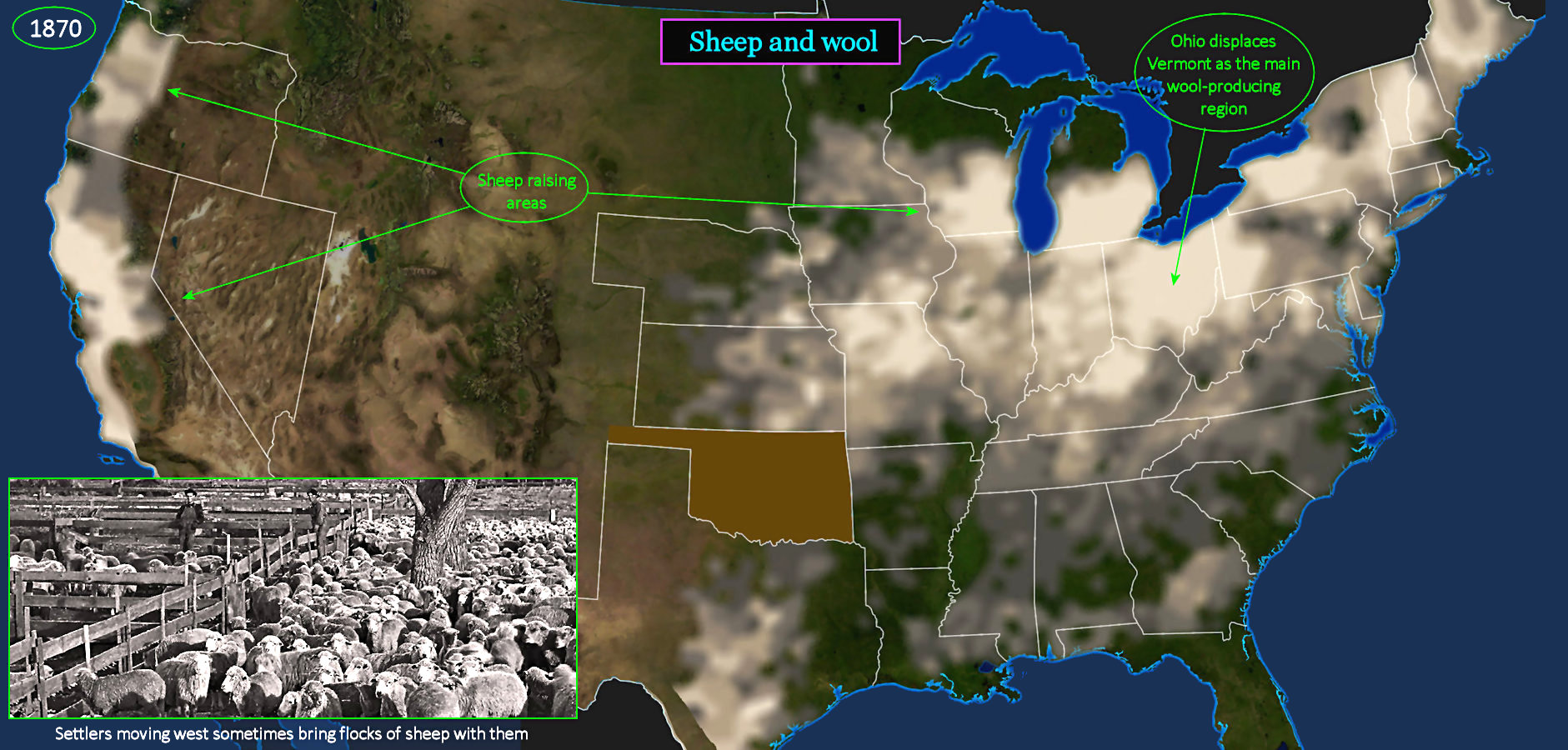 Sheep and wool, 1870 map